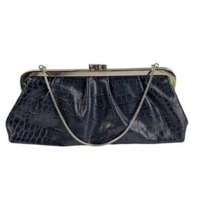 Ann Taylor Navy Blue Black Faux Croc Clutch Shoulder Bag Silver Frame Purse